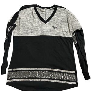Black and Gray V-Neck Long Sleeve Top with Sequins